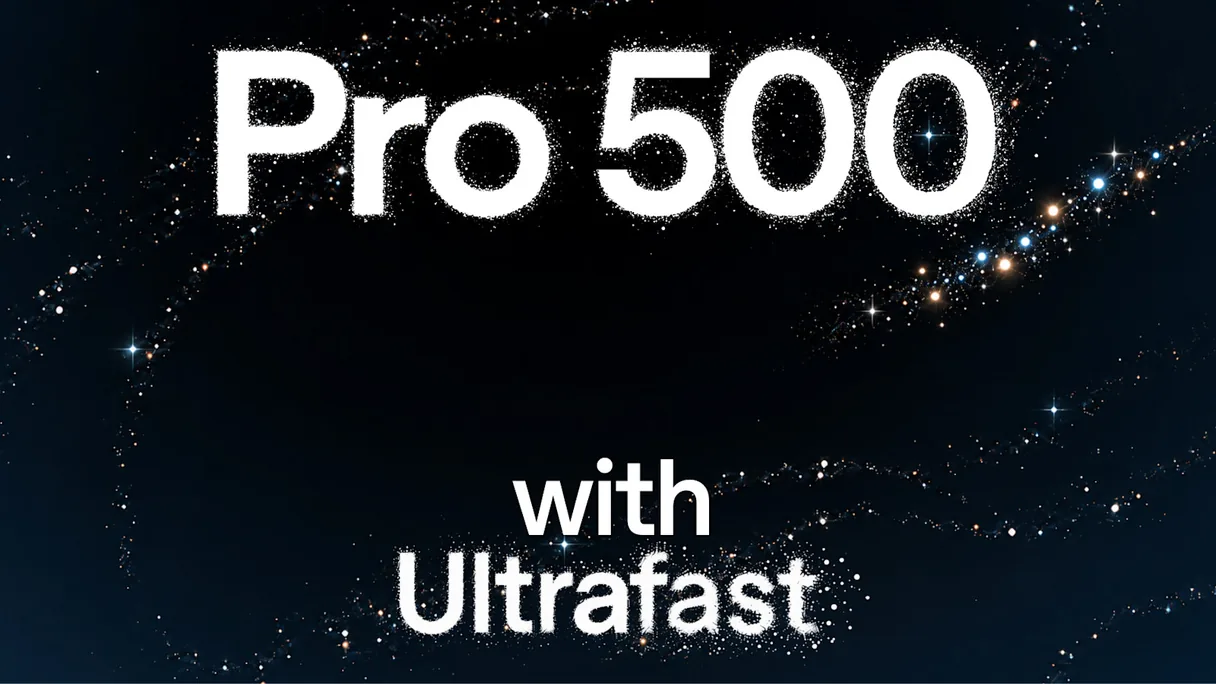 El rótulo «Pro 500 with Ultrafast» sobre un fondo de estrellas